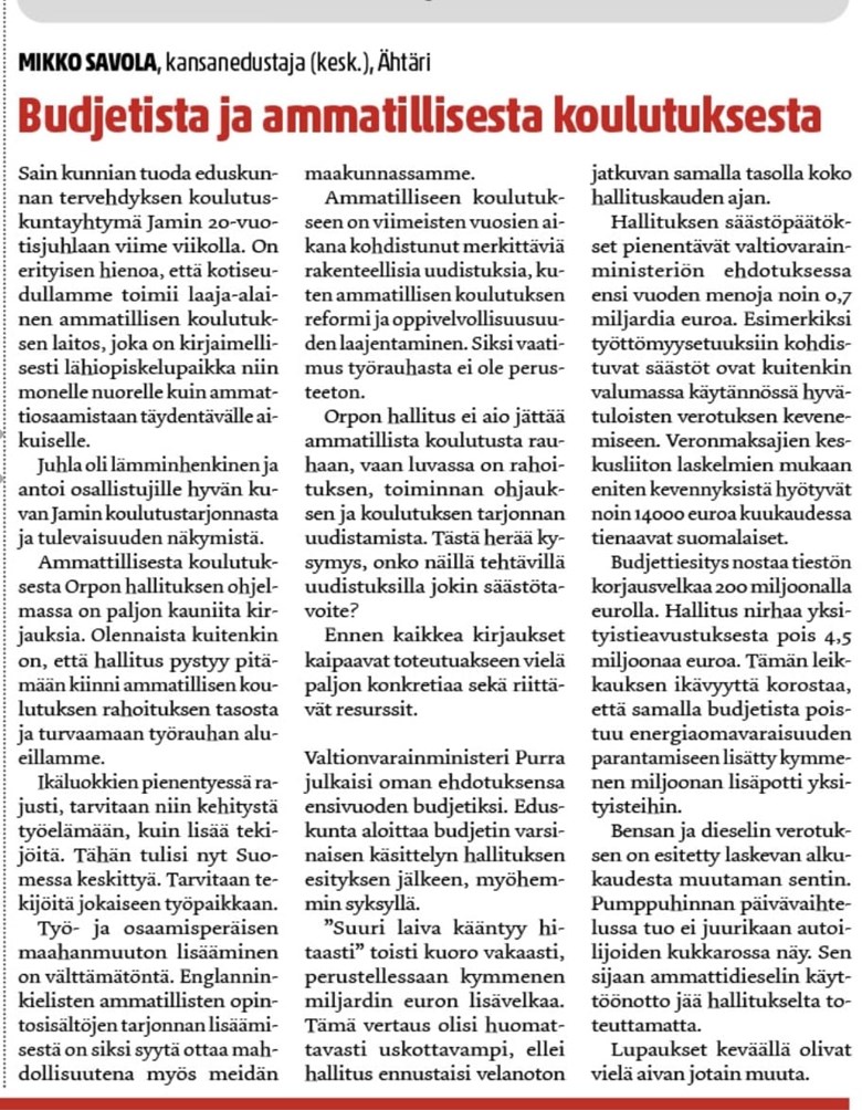 Budjetista ja ammatillisesta koulutuksesta